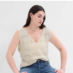 Gap Crochet V-Neck Sweater Tank Top, Size Xl, Color Cream (Off White). Nwt Cutout Tank Top, Lace Trim Tank Top, Sleeveless Turtleneck, Scoop Neck Tank Top, Tunic Tank Tops, Sequin Tank Tops, Sweater Tank Top, Sweater Tank, Tennis Dress