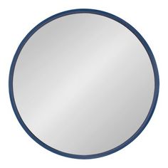 a round mirror with blue trim around the edges on a white background, it looks like an oval mirror