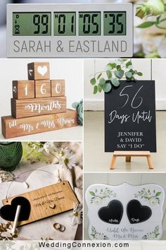 wedding decorations and signs are featured in this collage