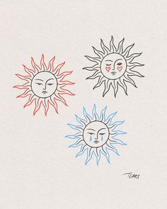 three sun faces drawn in different colors on white paper