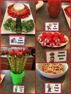 a series of pictures showing different foods and decorations for a mario birthday party, including grapes, strawberries, broccoli, carrots, cheese