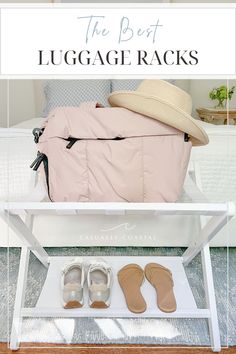 the best luggage racks for shoes and backpacks on a bed with text overlay