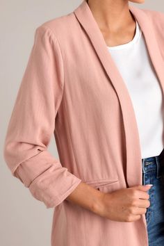 Upgrade your wardrobe with our It's My Call Dusty Rose Blazer! This versatile piece is both stylish and functional, making it perfect for the office or a night on the town. With its sleek design and dusty rose color, you'll be sure to stand out while still feeling comfortable and confident. Time to embrace your inner fashion maven! This blazer features a folded neckline, shoulder padding, faux pockets, and gathering in the quarter length sleeves. Pink Spring Office Wear Blazer, Pink Spring Blazer For Office Wear, Spring Pink Blazer For Office Wear, Feminine Pink Blazer For Office, Pink Blazer For Business Casual In Spring, Chic Pink Outerwear For Business Casual, Pink Casual Blazer For Work, Casual Pink Blazer For Work, Casual Pink Blazer For Workwear