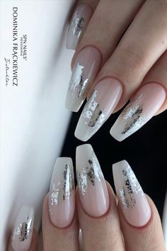 White And Silver Foil Nails, French And Silver Nails, Silver Foil Nail Designs, Christmas Foil Nails, Nail Foil Ideas, Nails Foil Designs, Nail With Foil, Nail Foils Designs, Silver Nails Coffin