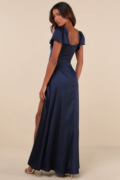 Navy Blue Satin Dress - Flutter Sleeve Dress - Navy Blue Gown - Lulus