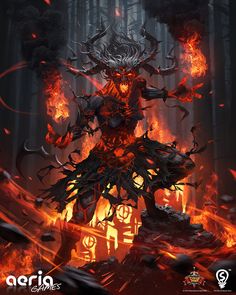 a demonic demon standing in the middle of a forest filled with fire and lavas