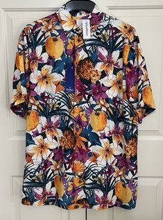 NWT Caribbean by Roundtree & Yorke size XLT, blue,orange,pink,white floral/fruit pattern,short sleeve, button up shirt- mens. 26" underarm to underarm, 33.25" long. Modal/polyester. Soft fabric.Nice quality shirt.$79.50 retail.E19 Button Up Shirt Mens, Orange Shorts, Fruit Pattern, Tag Sale, Short Sleeve Button Up, Patterned Shorts, Orange Pink, Button Up Shirt, Blue Orange