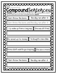 compound sentence worksheet for students to use in their writing and speaking skills, including