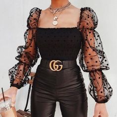 Long Sleeve Sheer Mesh Chiffon Blouse KevenKosh® Black M Blus Sifon, Blue Shirt Women, Gothic Chic, Haine Diy, Fest Outfits, Backless Blouse, Populaire Outfits, Puff Long Sleeves, Ținută Casual