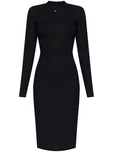 black stretch-jersey ribbed knit mock neck long sleeves embroidered logo to the front straight hem mid-length slip-on style Black High Stretch Long Sleeve Bodycon Dress, Long Sleeve Elastane Bodycon Dress For Work, Stretch Elastane Long Sleeve Midi Dress, Black Ribbed Elastane Dress, Black Ribbed Dress In Elastane, Classic Fitted Long Sleeve Bodycon Dress, Classic Stretch Midi Dress, High Stretch Fall Bodycon Dress, Fall High Stretch Bodycon Dress