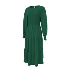 Green Crew Neck Smocked Swing Midi Dress Solid Smocked Long Sleeve Dress, Solid Long Sleeve Smocked Dress, Long Sleeve Solid Color Smocked Dress, Solid Color Long Sleeve Smocked Dress With Smocked Cuffs, Long Sleeve Smocked Dress With Smocked Cuffs, Green Casual Smocked Dress For Fall, Solid Long Sleeve Smocked Dress With Ruched Detail, Long Sleeve Smocked Dress With Ruched Detail, Green Smocked Long Sleeve Dress For Fall