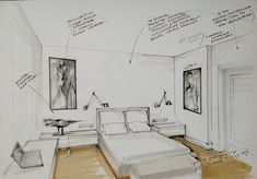 a drawing of a bedroom with white walls and wood flooring, including a bed