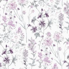 a white and purple floral wallpaper with lots of pink flowers on the top right side