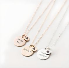 Personalized initial necklace for women, Personalized jewelry, Engraved initial necklace, Christmas gift, Mom gift * Birthday gift * Material: Surgical Steel * Color: Silver, Rose Gold, Gold * Measurement: Large medal of 15mm, small medal of 10mm / Necklace 45cm + 5cm - CUSTOMIZATION - * Select options from the drop-down menu * Choose the number of face(s) to engrave front or back * Example: Recto Maman je t'aime / font 5 / Verso Text or a pictogram * Please mention the position of the text when Christmas Gift Mom, Engraved Initials, Personalized Initials, Silver Rose Gold, Gold Gold, Necklace For Women, Initial Necklace, Gift Birthday, Mom Gift