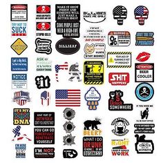 various stickers and decals are arranged on a white background, including an american flag