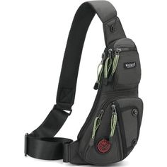 a black sling bag with green straps