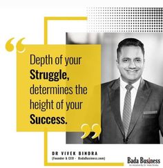 a man in a suit and tie with a quote on it that says, depth of your struggle, determines the height of your success