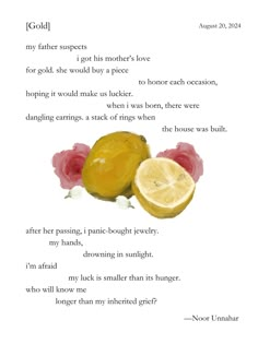 a poem written in watercolor and ink with lemons on the bottom right corner