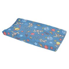 a blue blanket with cartoon characters and stars on the bottom, in front of a white background