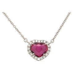 No Heat heart shape ruby weighing 2.09 cts Measuring (7.91x9.43x2.86) mm Diamonds weighing .25 cts Diamonds are H VS2-SI1 Set in 18k white gold necklace 18 inch White Gold Ruby Necklaces With Brilliant Cut, White Gold Ruby Necklace With Brilliant Cut, White Gold Ruby Necklace With Diamond Cut, Fine Ruby Heart-shaped Jewelry, Fine Ruby Heart Jewelry, Formal Heart Cut Birthstone Necklace, Ruby Heart Cut Gemstone Necklace, Heart Cut Ruby Gemstone Necklace, Heart-shaped Ruby Gemstone Necklace