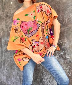 It's such a beautiful Embroidered by hand 100% Blouse.  You can wear it either side, and you can wear it normally or can hang one side of the sleeve down.  The fabric is Salu which is soft and comfortable. Size : can fit bust up to 48 inch, Length 23 inch Colorful Blouse, Colorful Blouses, Hemp Fabric, Fall Weather, Loose Blouse, Embroidered Blouse, Womens Clothing Tops, Shop Design, Blouses For Women