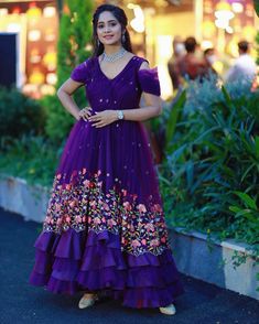 New Trend Long Frocks, Purple Long Frocks For Women, Purple Frocks For Women, Balloon Frock For Women, Netted Long Frocks For Women Latest, Kalankari Frocks Designs, Gown Neck Design, Long Frocks Models For Stitching, Long Frock Designs For Women