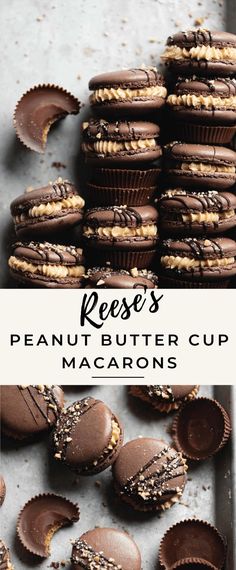 peanut butter cup macarons are stacked on top of each other with chocolate chips