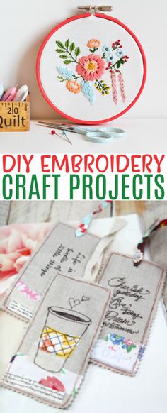 the embroidery project is being displayed in front of some scissors and other crafting supplies