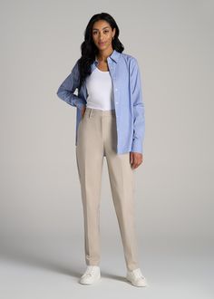 Chic and Sophisticated Women's Tall Dress Pants Elegance in Every Seam Our Flat Front Tapered Dress Pants for tall women are a testament to American Tall's commitment to empowering women over 5'9" with fashion that fits. These pants, crafted with a blend of cotton, nylon, and elastane, offer a comfortable, high-rise fit that's both flattering and functional. The tapered design and full-length cut ensure a sleek silhouette, perfect for both office and casual settings. These tall women's dress pan Elegant Fitted Dress Pants For Spring, Semi-formal Stretch Dress Pants For Spring, Semi-formal Spring Dress Pants With Stretch, Elegant Slim Fit Pants For Spring, Elegant Relaxed Fit Dress Pants For Office, Classic Fitted Bottoms For Daywear, Elegant Full-length Relaxed Fit Dress Pants, Elegant Stretch Pants For Daywear, Elegant Relaxed Fit Pants For Daywear