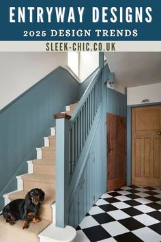 a black and brown dog sitting on top of a checkered floor next to stairs