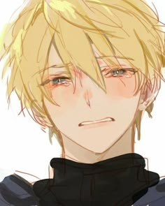 an anime character with blonde hair and blue eyes, wearing a black shirt is looking at the camera