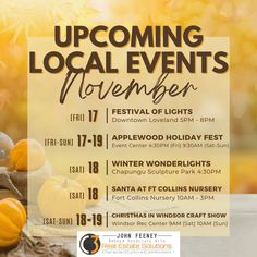 an event poster with pumpkins on the table and fall foliage in the back ground