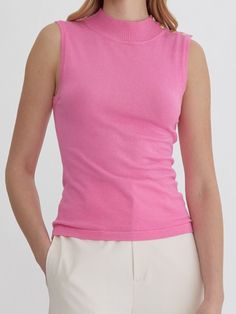 Add a touch of quirkiness to your wardrobe with the LYDIA HIGH NECK SLEEVELESS TOP. Featuring button detail at the shoulder and available in three fun colors, this knit top is perfect for those who don't take themselves too seriously. Style with your favorite jeans for a unique and fun outfit. 100% Nylon See size chart in photos. Solid Stretch Knit Top With Crew Neck, Stretch Knit Top With Crew Neck, Spring Crew Neck Stretch Knit Top, Spring Cotton Stretch Knit Top, Chic Spring Tops With Ribbed Neckline, Stretch Fine Knit Crew Neck Top, Spring Knit Top With Ribbed Neckline, Fitted Pink Tank Top For Fall, Trendy Pink Tank Top For Fall