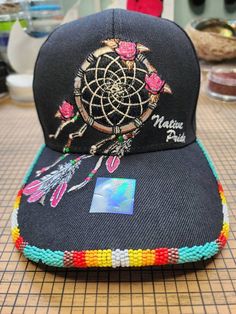 Native Pride baseball hat.   Adjustable strap.  Many beautiful colors ♡ adult size Beaded Caps, Burned Hats, Beaded Hat Bands, Corduroy Bucket Hat, Native Pride, Hat Bands, Fossilized Coral, Beaded Hat, Indigenous Culture