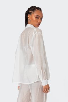 PRODUCT INFO Button up shirt Cuffed sleeves Oversized fit Classic collar Sheer fabric Matching set Nylon Model wears size S Model height is 5'10 Item care: Wash with similar color Edikted Shirt, Visionary Fashion, Fabric Matching, Shirt Cuff, Knitted Tops, Strapless Tops, Matching Pants, Graphic Tops, Sheer Fabric