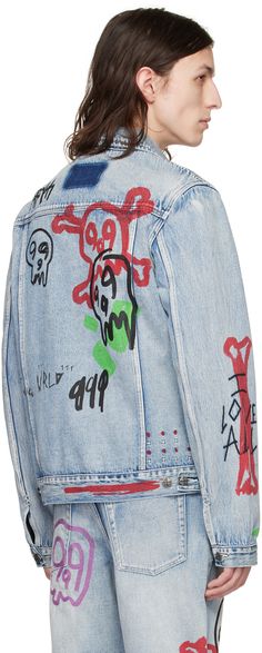 Non-stretch denim jacket. Logo, graphics, and text printed throughout. · Spread collar · Button closure · Flap pockets at chest · Welt pockets at waist · Single-button barrel cuffs · Logo embroidered at back · Buttoned tabs at back hem · Unlined Part of the limited edition Ksubi x Juice WRLD 999 CLUB collaboration. Supplier color: Denim Casual Blue Outerwear With Graffiti Print, Denim Blue Denim Jacket With Graphic Print, Relaxed Fit, Relaxed Fit Denim Blue Denim Jacket With Graphic Print, Denim Blue Jacket With Graphic Print And Relaxed Fit, Relaxed Fit Denim Jacket With Graphic Print, Casual Medium Wash Outerwear With Graphic Print, Urban Denim Blue Jacket With Graphic Print, Urban Denim Jacket With Graphic Print, Trendy Medium Wash Denim Jacket With Graphic Print