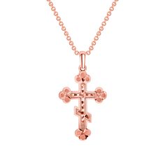 Have your true faith shine out with this handcrafted solid Orthodox Cross Pendant Necklace! This is truly for the faithful and exhibits a modern religious jewelry design look. Product Information Metal and Weight: 10k - 5 g. (approx.) | 14k - 5.1 g. (approx.) Dimensions: 43 mm x 23 mm SKU: C3322A Engraved Rose Gold Cross Jewelry, Rose Gold Cross Hallmarked Jewelry, Spiritual Rose Gold Cross Pendant Jewelry, Basket Necklace, Orthodox Cross, True Faith, Gold Cross Necklace, Men's Necklace, Cross Pendant Necklace