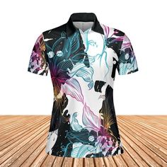 Abstract Gradient Flowers Women's Polo Shirt. If you love abstract designs and gradient colors then this Abstract Gradient Flowers Women's Polo Shirt design is perfect for you! Features a design consisting of an abstract black and white background with rainbow gradient flowers on top. If you love unique creations then this is the perfect polo shirt for you. Classy yet very comfortable to wear; this polo shirt is perfect to keep you cool and dry all day. Product Details Step out with an instant c Casual Multicolor Tops With Abstract Pattern, Casual Multicolor Digital Print Shirt, Casual Multicolor Shirt With Digital Print, Trendy Multicolor Shirt With Sublimation Print, Casual White Shirt With Digital Print, Casual Black Sublimation Design With All Over Print, Artistic Printed Black Top, Artistic Black Printed Top, Casual White Sublimation Design With Digital Print