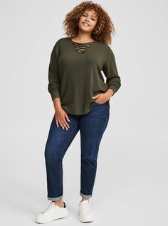 FIT Model is 5'10. 5” wearing size 1. . Measures 31” from shoulder (size 2). MATERIALS + CARE Waffle knit fabric. 64% polyester, 33% rayon, 3% spandex. Machine wash cold. Tumble dry low. Imported. DETAILS V-shaped neckline. Long sleeves. The best plus size women's waffle lace up v-neck long sleeve sweatshirt top sweatshirts & hoodies in deep depths made of waffle. Torrid is your destination for cozy fall and winter clothes to keep you warm and comfortable. Waffle Sweater, New Street Style, Active Outfits, Sweaters Online, Long Sleeve Sweatshirt, Winter Clothes, Softest Sweater, Cozy Fall, Waffle Knit