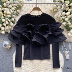 Lasaky - Vintage Round Neck Blouse with Ruffled Hem Design Round Neck Blouse, Blouses Vintage, Ruffle T Shirt, Black And White Tops, Spring Shirts, Round Neck Tops, Collar Blouse, Mandarin Collar, Olivia Mark