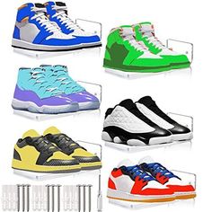 six pairs of sneakers are shown in different colors