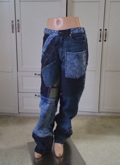 "I absolutely love these Upcyced denim patchwork jeans. They are made from three pair of new jeans with obvious color/wash difference. Item is a one of a kind piece; therefore, it cannot be dupulicated. Custom orders are welcomed  at twice the listed price. The measurements are as follows:  waist= 35- 1/2\" hip=48\" inseam= 34\" outseam=45\" For any additional questions/concerns, please feel free to ask as item is nonrefundable/non exchangeable." Patchwork Rigid Denim Straight Leg Jeans, Faded Denim Patchwork Jeans, Faded Patchwork Denim Jeans, Patchwork Rigid Denim Jeans In Denim Blue, Reworked Blue Jeans In Recycled Denim, Blue Reworked Recycled Denim Jeans, Reworked Jeans In Denim Blue From Recycled Material, Reworked Jeans In Denim Blue From Recycled Denim, Patchwork Denim Blue Jeans