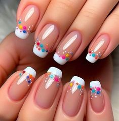 Rainbow Glitter French Tip Nails, Colored French Dip Nails, French Manicure With Nail Art, Funky French Manicure, French Tips Nails Ideas, Clear Nails With Polka Dots, Tipped Nail Designs, French Dots Nails, Girly French Tip Nails