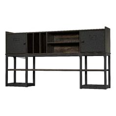 an entertainment center with metal legs and two drawers on one side, in dark wood