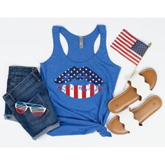 "4th of July Tank Top, Womens 4th of July Shirt, Womens Tank Top, American Flag Lips, Fourth of July Tanks, America Tank, American Flag Tank Get ready to party in this Women's 4th of July tank top! Features an American Flag lips design - perfect to celebrate USA in! All inks used to print are water-based and eco-friendly. HOW TO SELECT BEST SIZE: Customer feedback suggests this tank runs true to size. Please select size based on measurements provided in the size chart rather than \"size\", which Patriotic Blue Tops For Summer, Blue Patriotic Tops For Summer, Blue Patriotic Summer Tops, Summer Americana Crew Neck Top, Americana Crew Neck Tops For Summer, Americana Style Crew Neck Summer Tops, Patriotic American Flag Tank Top For Summer, Blue Flag Print Tops For Summer, Patriotic American Flag Print Tank Top For Spring