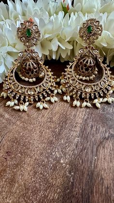 Chandbali with green stone Stone Gold, Green Stone, Gold Gold, Gold Earrings, Gold Tones, Gold Plate, Plating, Stone, Green