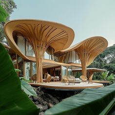 the house is made out of wood and has an unusual roof that looks like it's floating on water