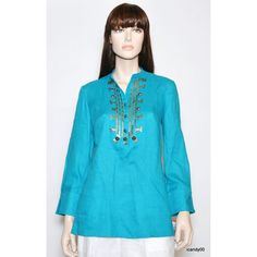 Anne Klein New York Urban Exotic Tunic Size Xs * Color: Turquoise * 1/2 Front Button Closure * 3/4 Sleeves * Decorated * 100% Linen * Length From Collar To Bottom - 29" * Width From Armpit To Armpit - 19.5" * Sleeves - 23" * Dry Clean; Imported * Brand New With Tag * Mfsrp: $250.00 Spring Fitted Turquoise Blouse, Chic Turquoise Blouse For Spring, Fitted Turquoise Blouse For Spring, Elegant Fitted Turquoise Tops, Long Sleeve Turquoise Tops For Vacation, Turquoise Long Sleeve Tops For Vacation, Turquoise Long Sleeve Blouse, Long Sleeve Turquoise Blouse For Spring, Pleated Sleeves Blouse