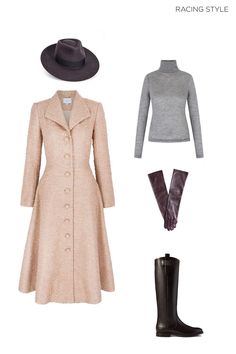 This iconic coat-dress silhouette takes inspiration from a vintage hunting coat and is cut from a beautiful new metallic tweed this season. Winter Race Day Outfits, Hunt Coat, Trilby Hat, Coat Women Fashion