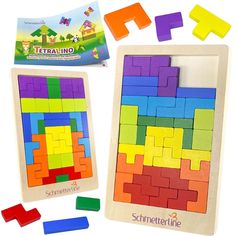 two wooden puzzles, one with different colored blocks and the other with matching magnets